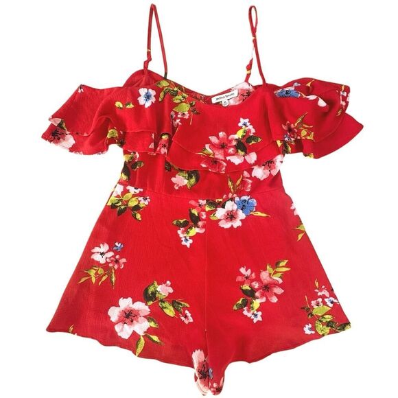 BOHO Summer Beach Tropical Red Floral Cold Shoulder Shorts Jumpsuit Size Medium - Picture 1 of 16